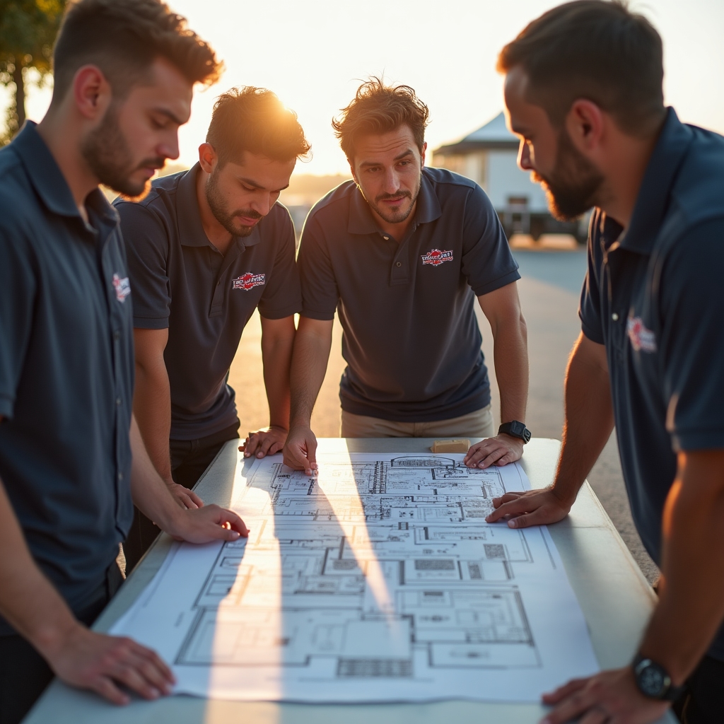 Echipă de organizatori discută planul de logistică pentru un concurs culinar înainte de eveniment