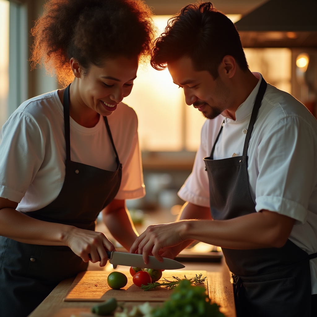 Instructor de gastronomie explică unui participant tehnica de tăiere a legumelor
