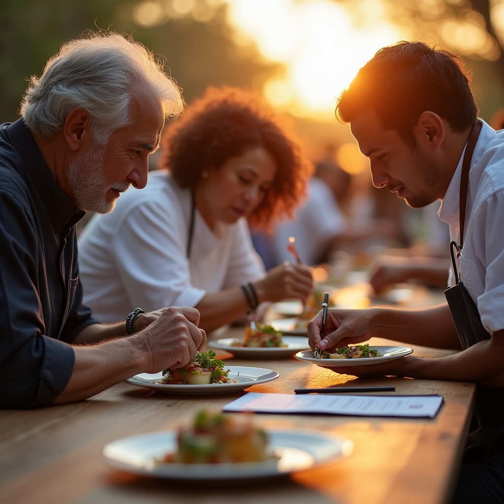 Juriu local degustă preparatele participanților la un concurs culinar